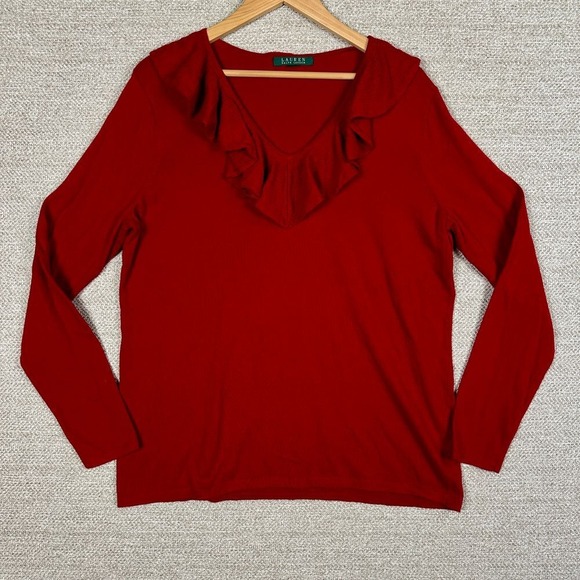 Lauren Ralph Lauren Sweaters - Lauren Ralph Lauren Sz L Sweater Red Ruffle V-Neck Long Sleeve Valentine Cottage